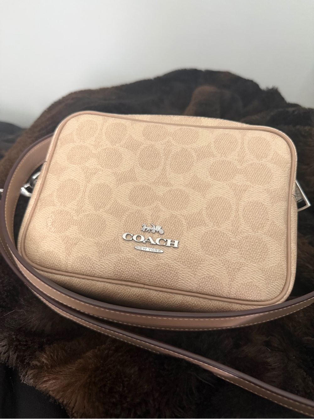 Coach Tan Signature Canvas Crossbody Bag with Silver Logo